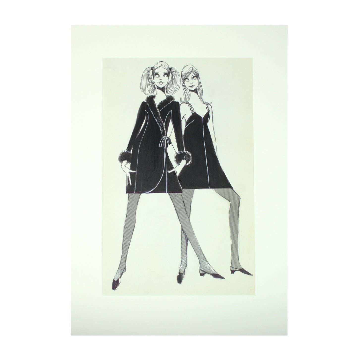 Gray MCA Original Mounted Drawing: Veronica Papworth - Black Crepe Dress & Lace Culotte Dress