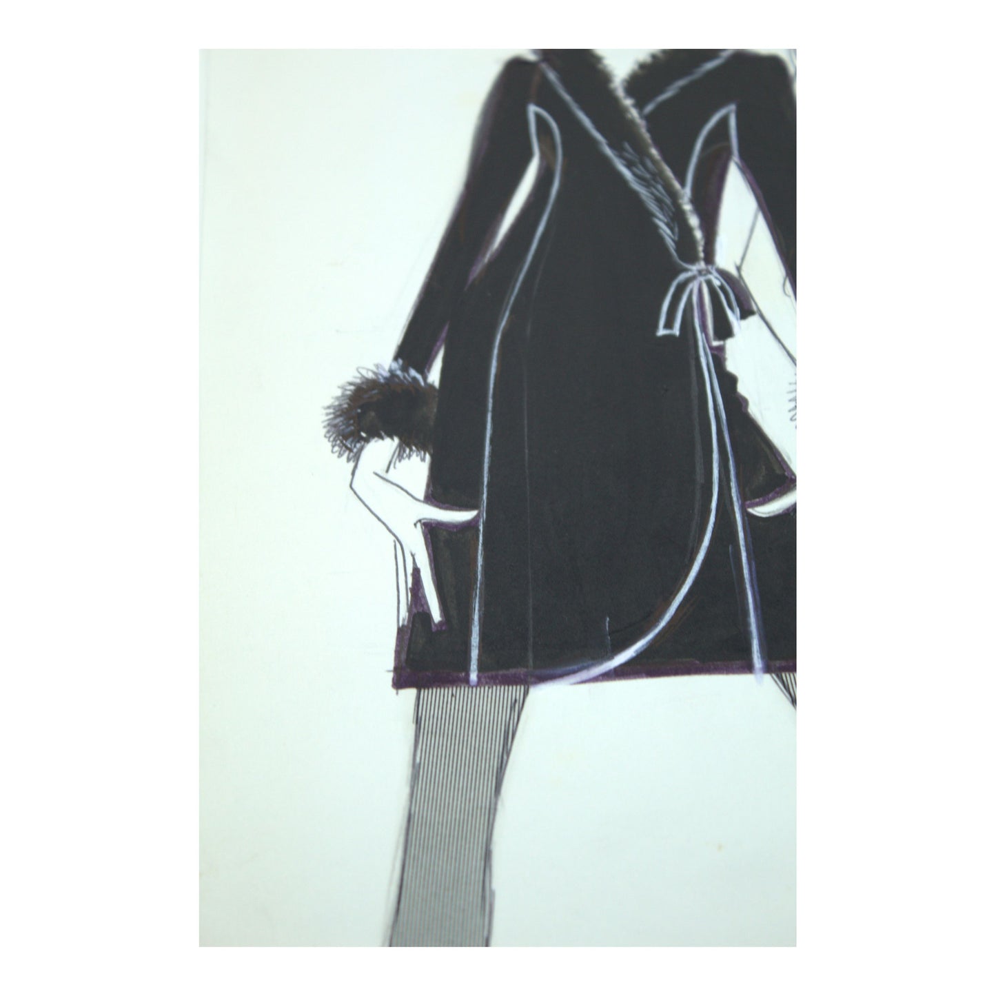 Gray MCA Original Mounted Drawing: Veronica Papworth - Black Crepe Dress & Lace Culotte Dress