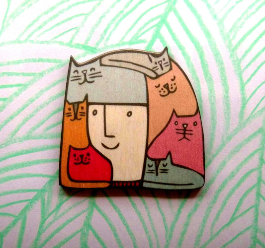 JEWELLERY: Small Stories: Cat Lady Wooden Brooch
